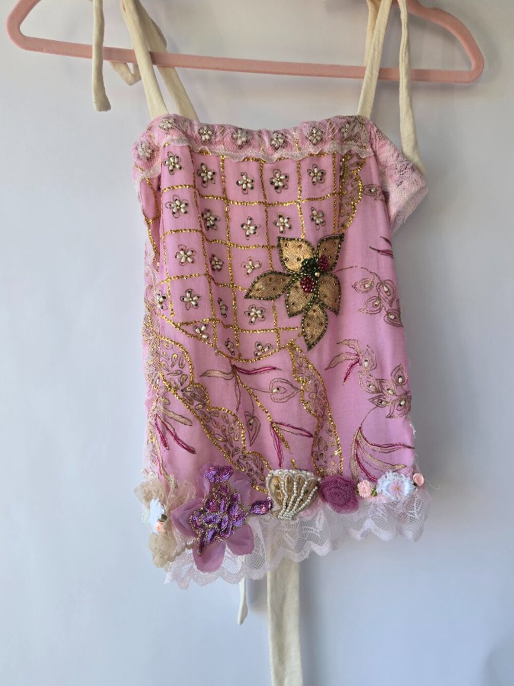 Handmade Cream Pink Gold Embroidered Lace Tube-Top Blouse Balletcore Style Med - Picture 11 of 13